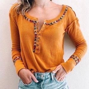 Free People Yellow Embroidered Thermal Henley / Long Sleeve Top